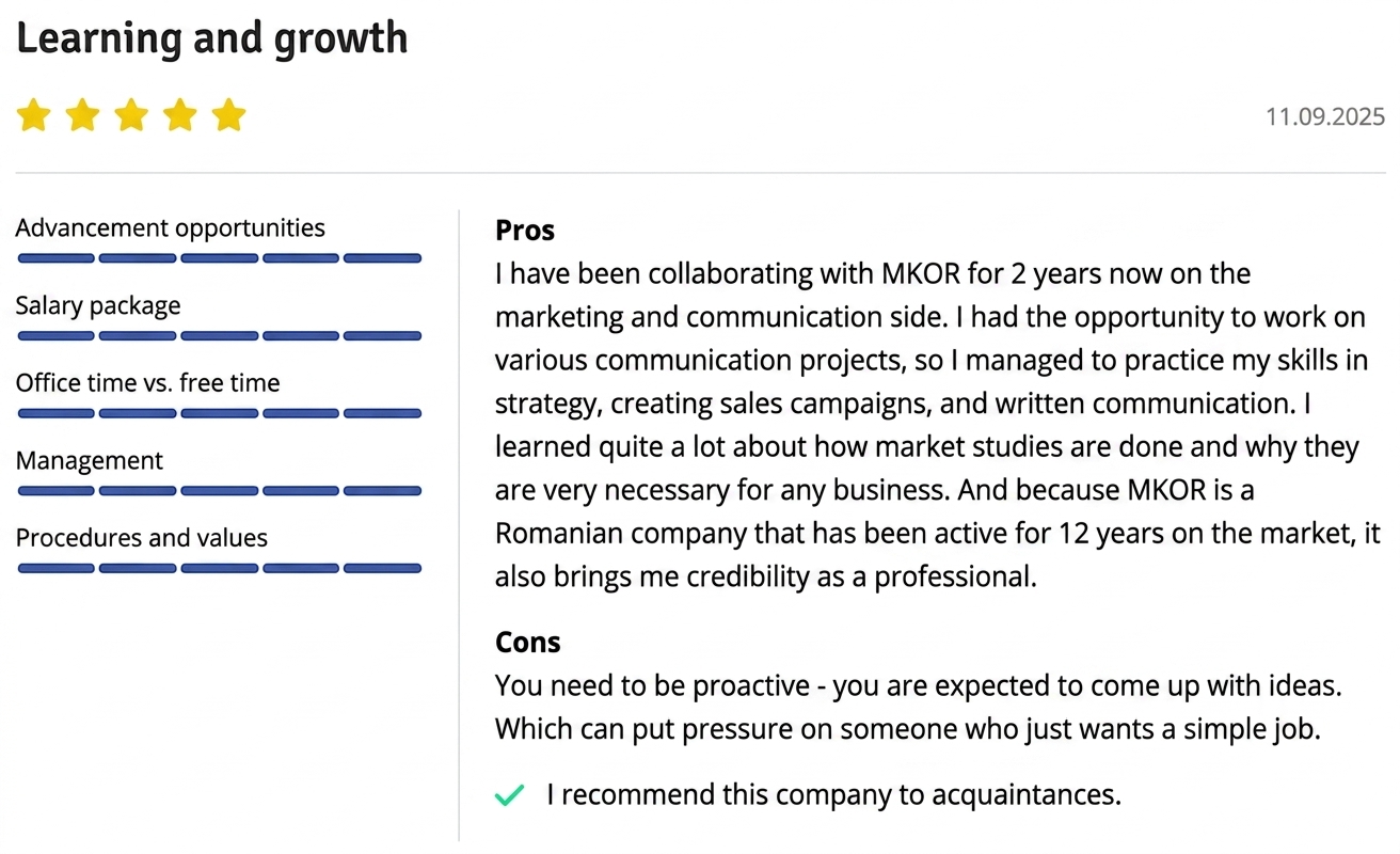 Undelucram.ro review: Learning and growth at MKOR, 5 stars