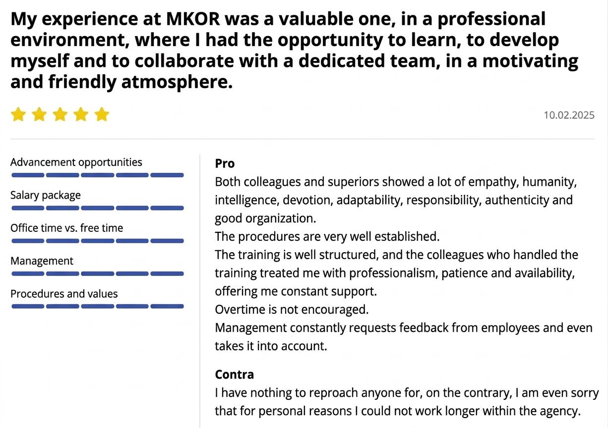 Undelucram.ro review: My experience at MKOR was a valuable one, in a professional environment, 5 stars