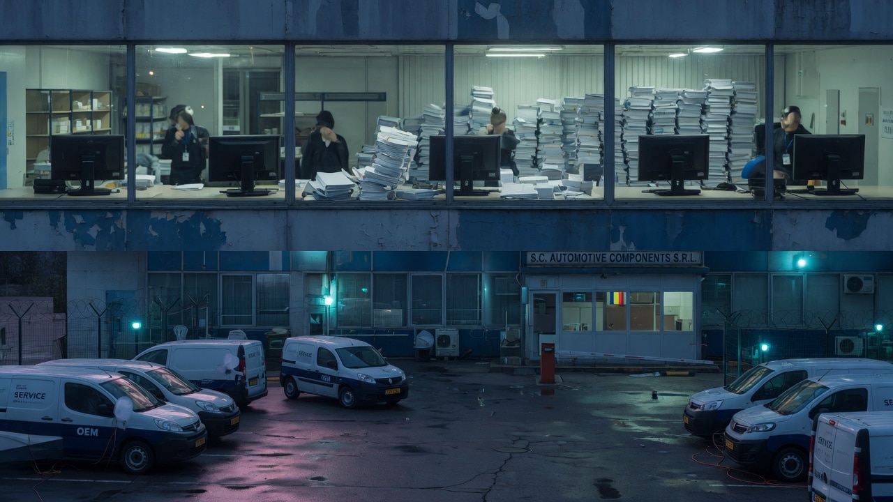 Romanian industrial campus at dusk, glass offices and service vans, no text
