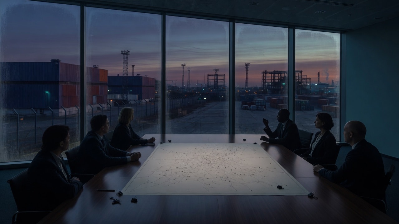 Boardroom above an industrial park, abstract map, no names