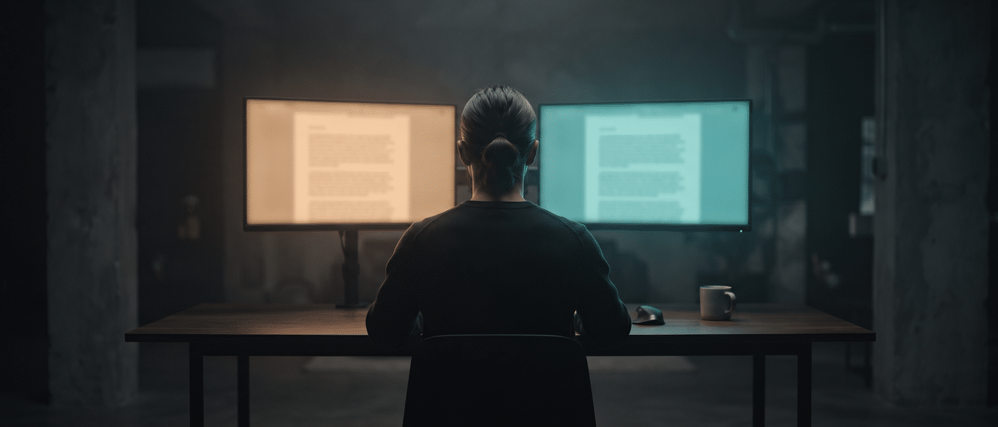 AI Adoption Report Romania 2026 - persoana in fata a doua ecrane, testul om sau AI