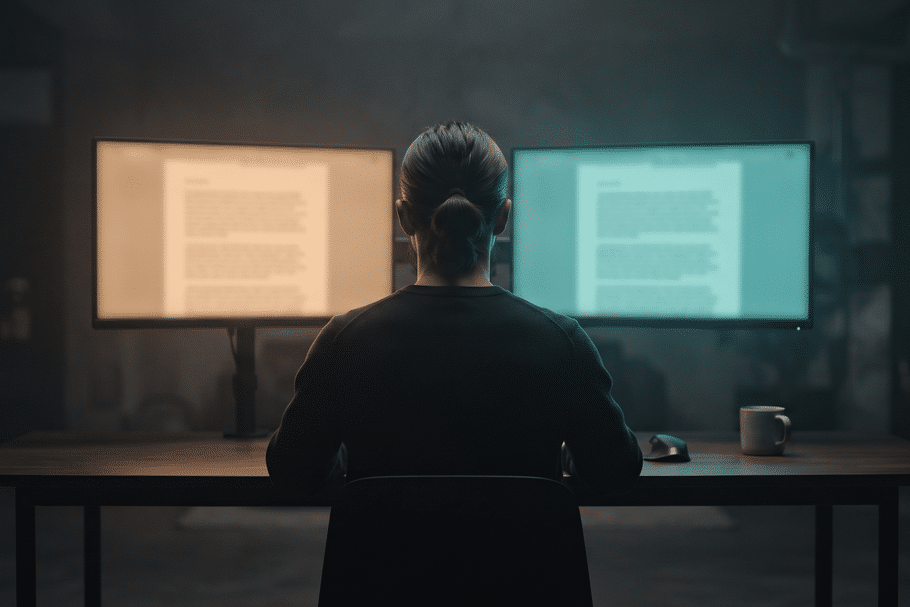 AI Adoption Report Romania 2026 - persoana in fata a doua ecrane, testul om sau AI