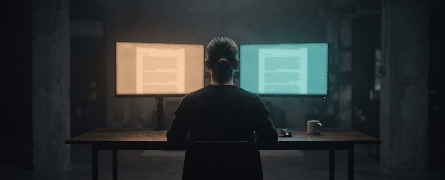 AI Adoption Report Romania 2026 - persoana in fata a doua ecrane, testul om sau AI