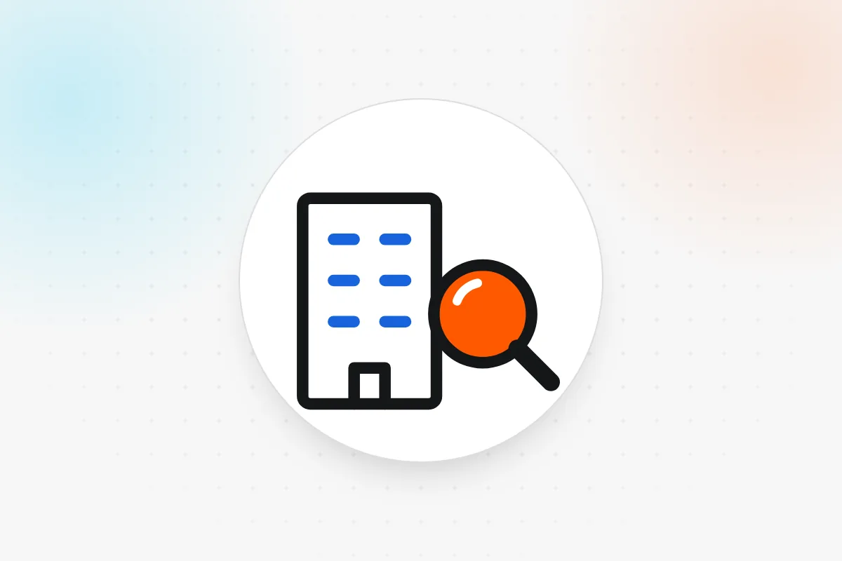 B2B mystery shopping icon: office building with a magnifier