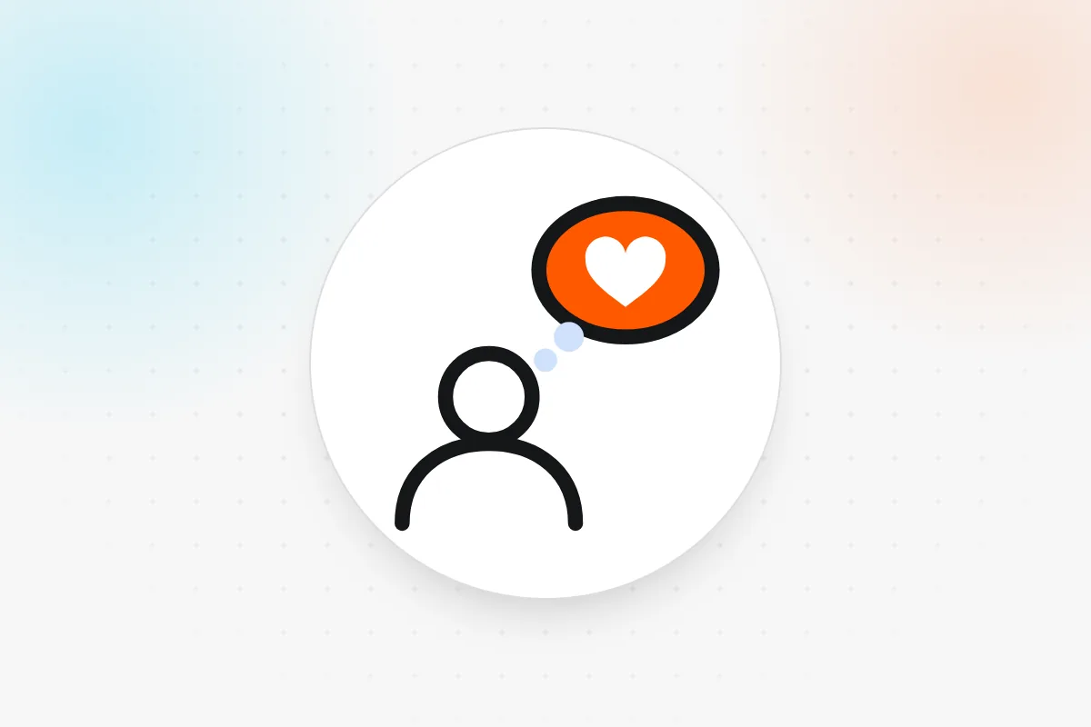 Usage and attitudes icon: person with a thought bubble holding a heart