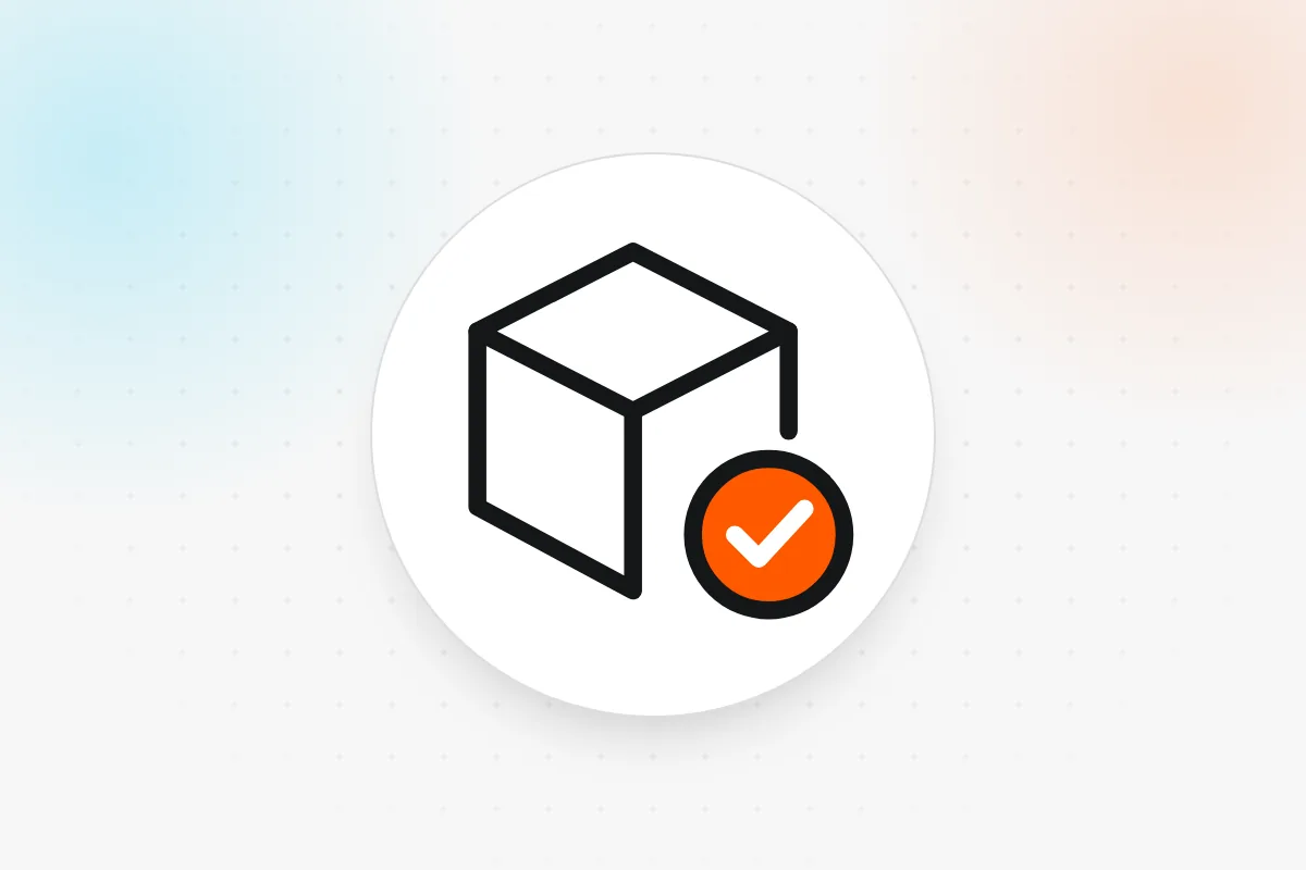Product testing icon: product box with a check badge